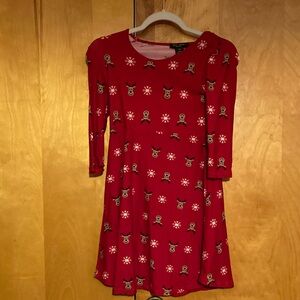 Red Kids Dress with Reindeer Pattern